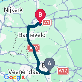 Kaartje van de route van Brugkamp Bennekom naar Tienerkamp Voorthuizen