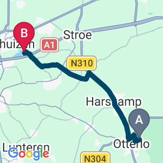 Kaartje van de route van Jeugdkamp Otterlo naar Tienerkamp Voorthuizen