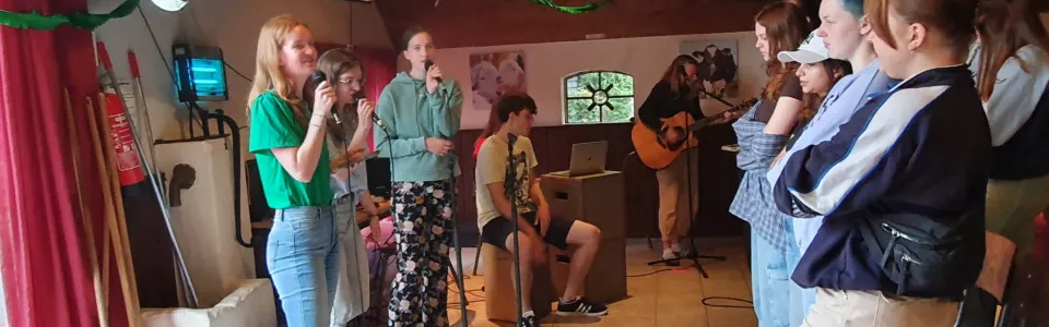 Deelnemers dansen en zingen in de zaal