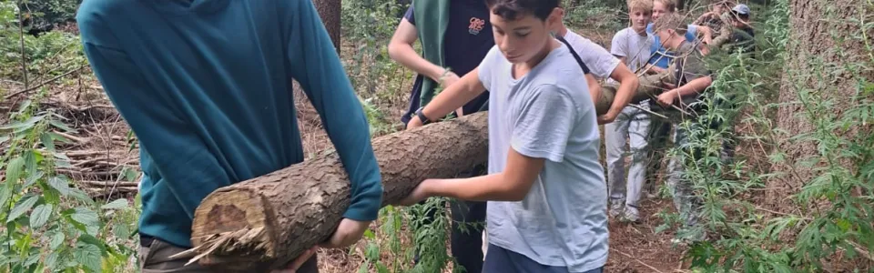 Tieners dragen samen een zware boomstam door het bos
